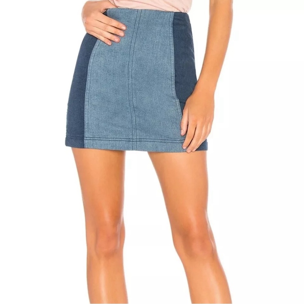 Free People Modern Femme Denim Skirt Sz 12 Two Tone Colorblock Mini Stretch Jean